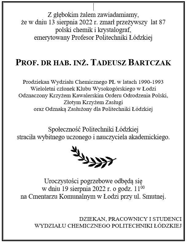 Zmarł prof. dr hab. inż. Tadeusz Bartczak